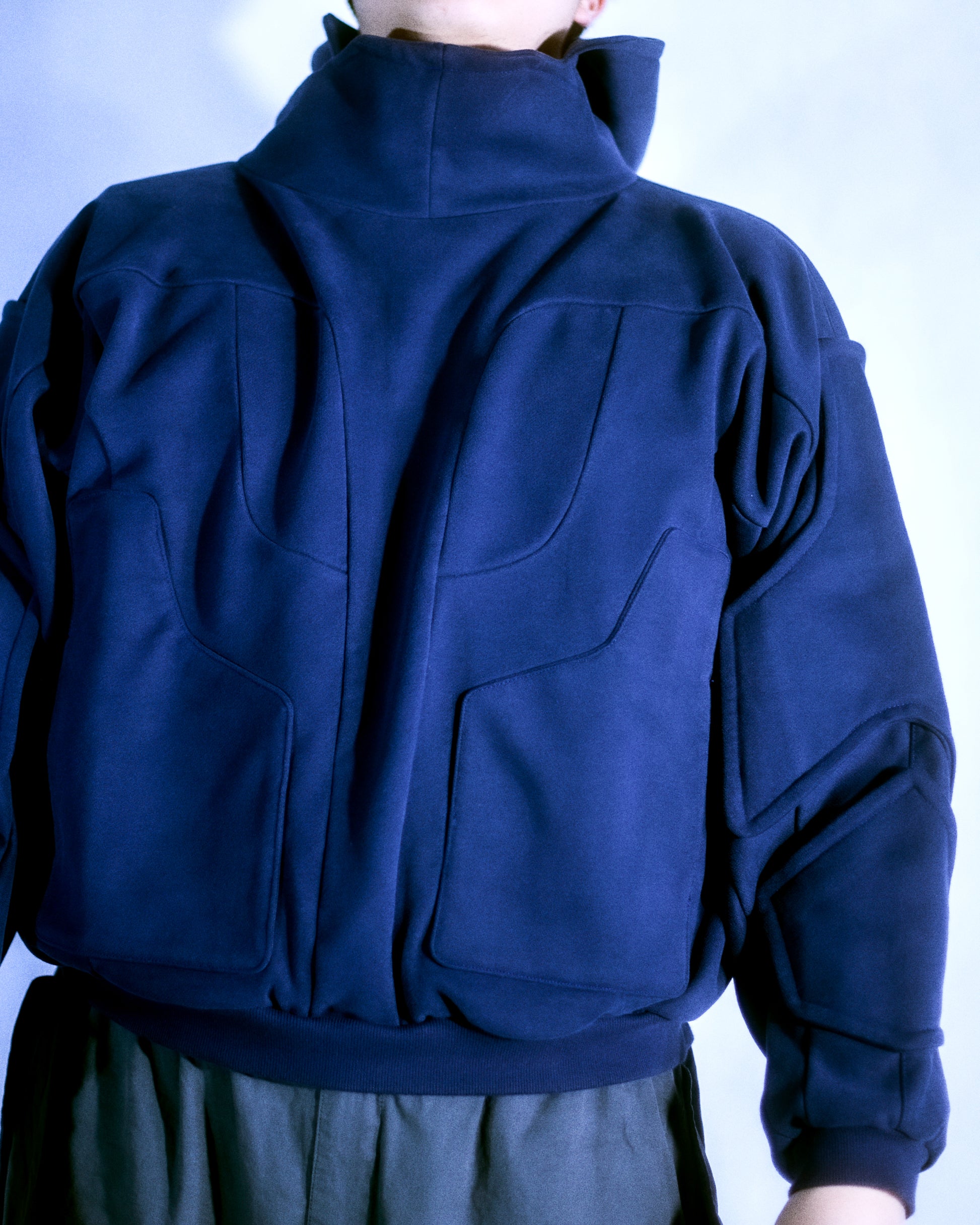 navy heavyweight cyberpunk cosmic blank hoodie, front model view