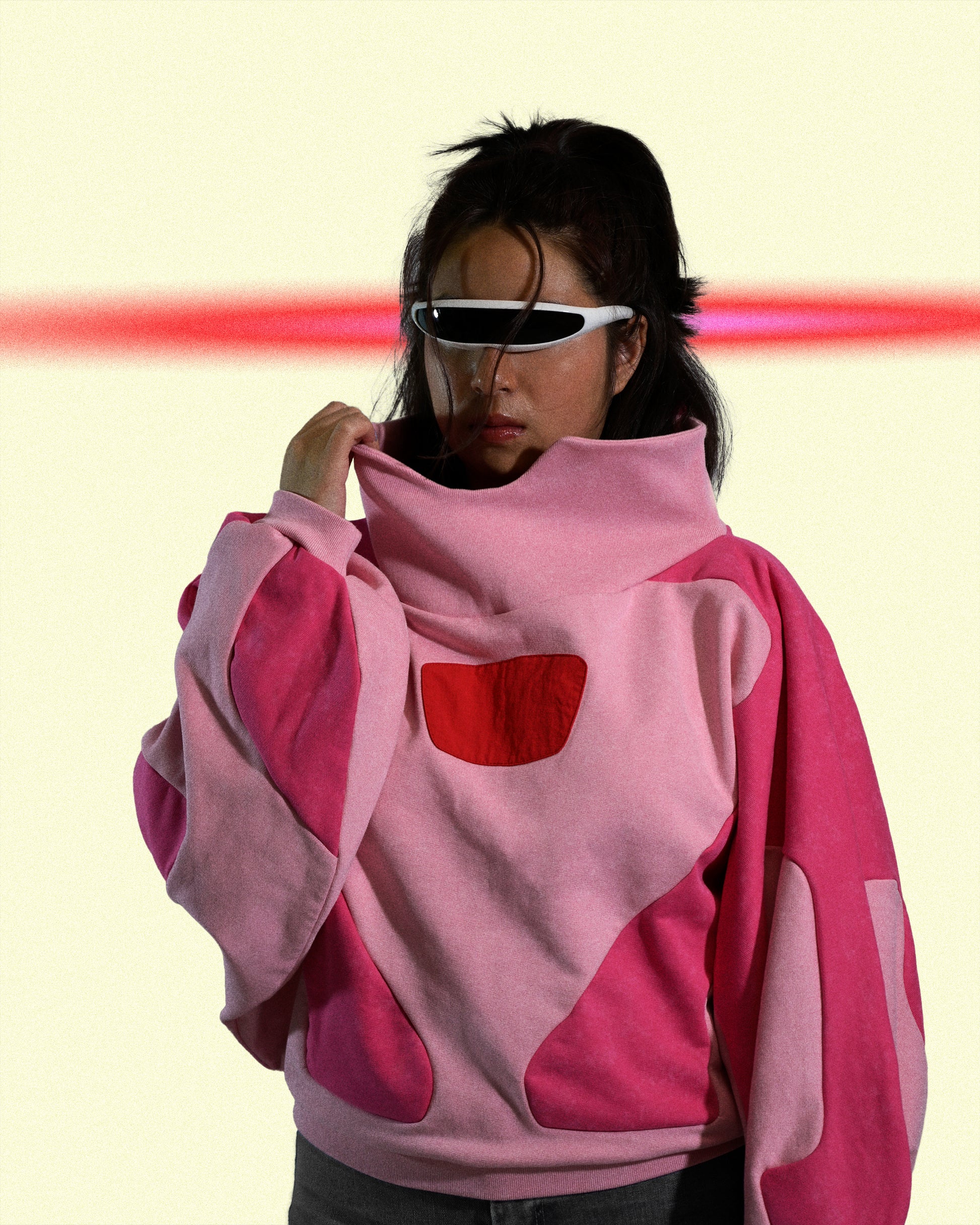 pink artificial love cyberpunk cropped women's sweater, model view