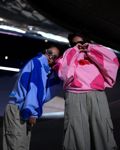 pink artificial love cyberpunk cropped women's sweater, two models view