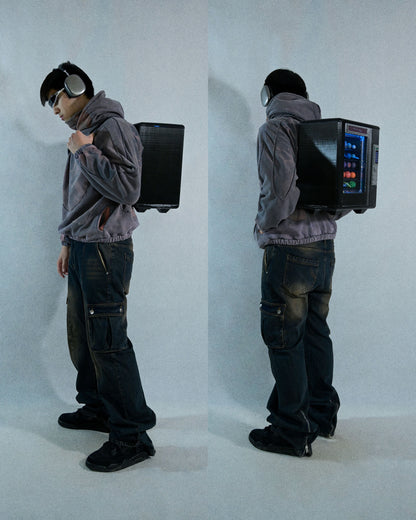 planet vending machine art piece 3D printed backpack, two model view