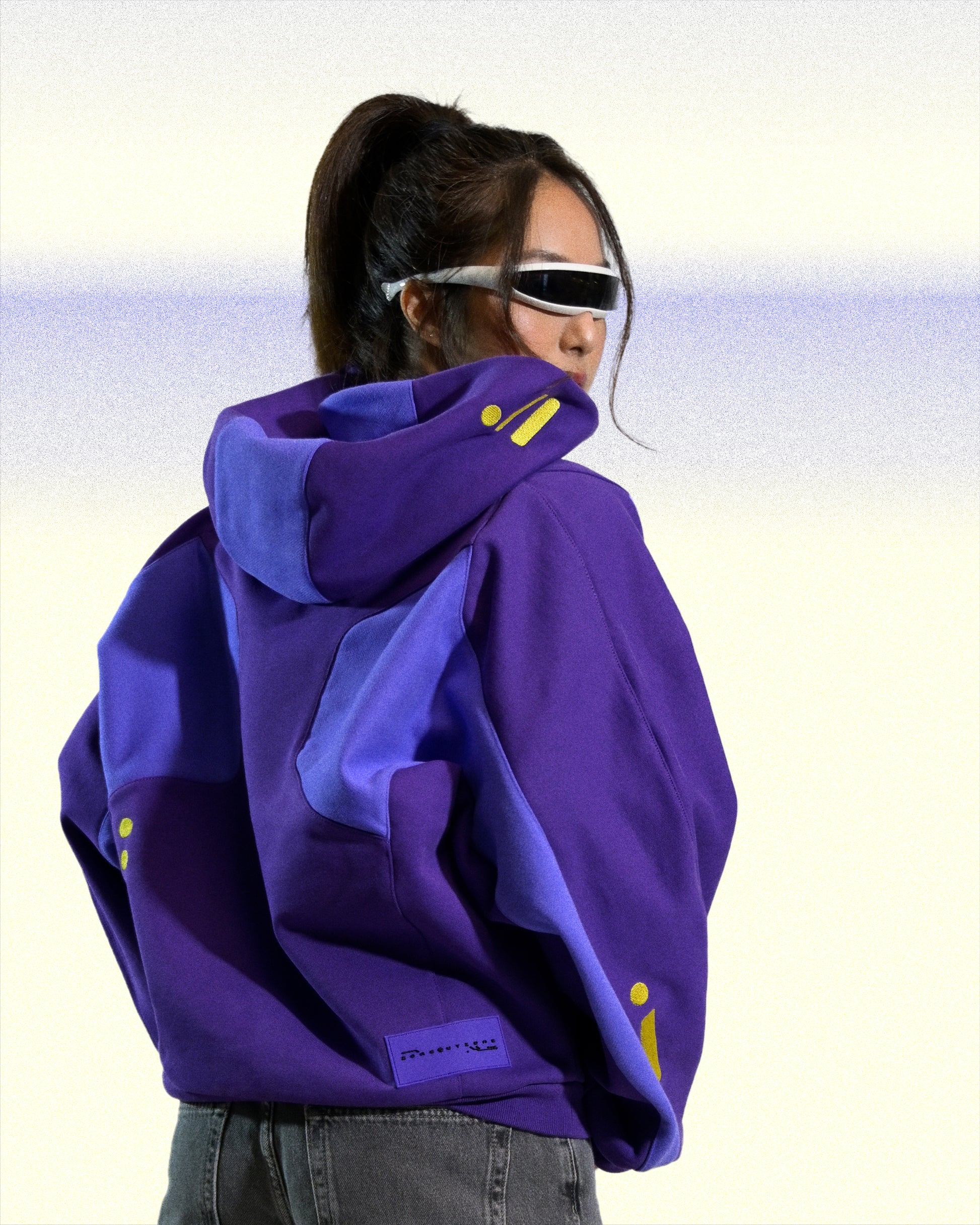 purple lavender cyber core futuristic women's hoodie, back model view