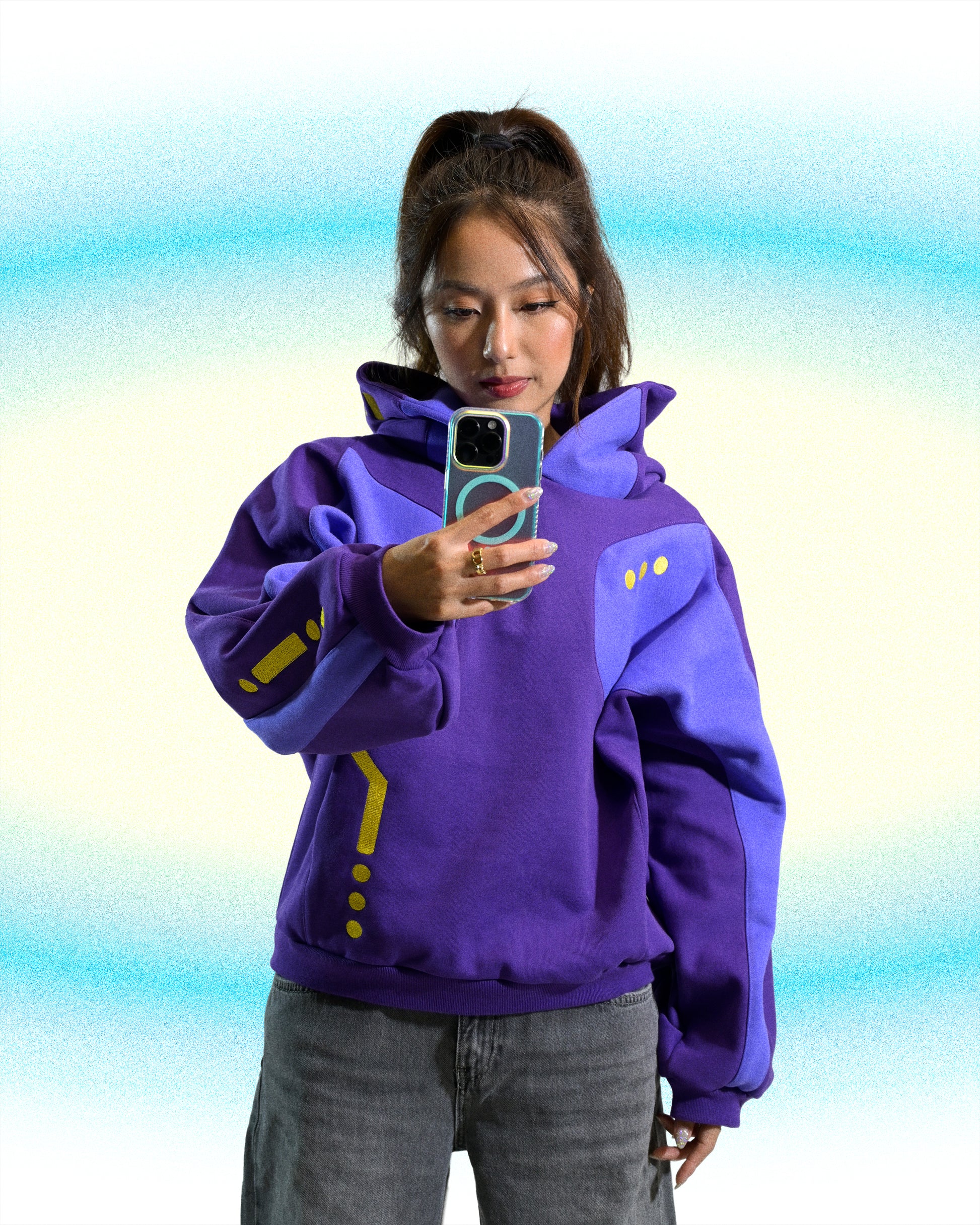 purple lavender cyber core futuristic women's hoodie, front model view