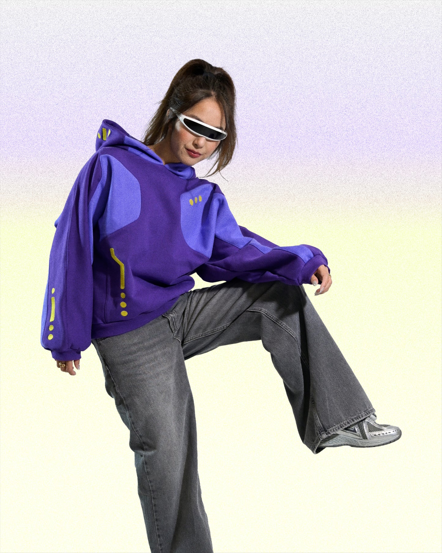 purple lavender cyber core futuristic women's hoodie, front model standing view