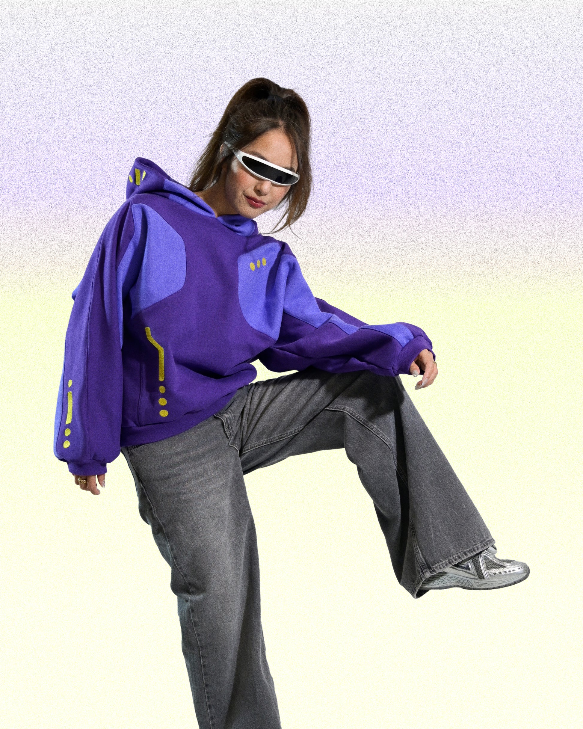 purple lavender cyber core futuristic women's hoodie, front model standing view