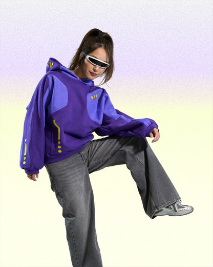 purple lavender cyber core futuristic women's hoodie, front model standing view