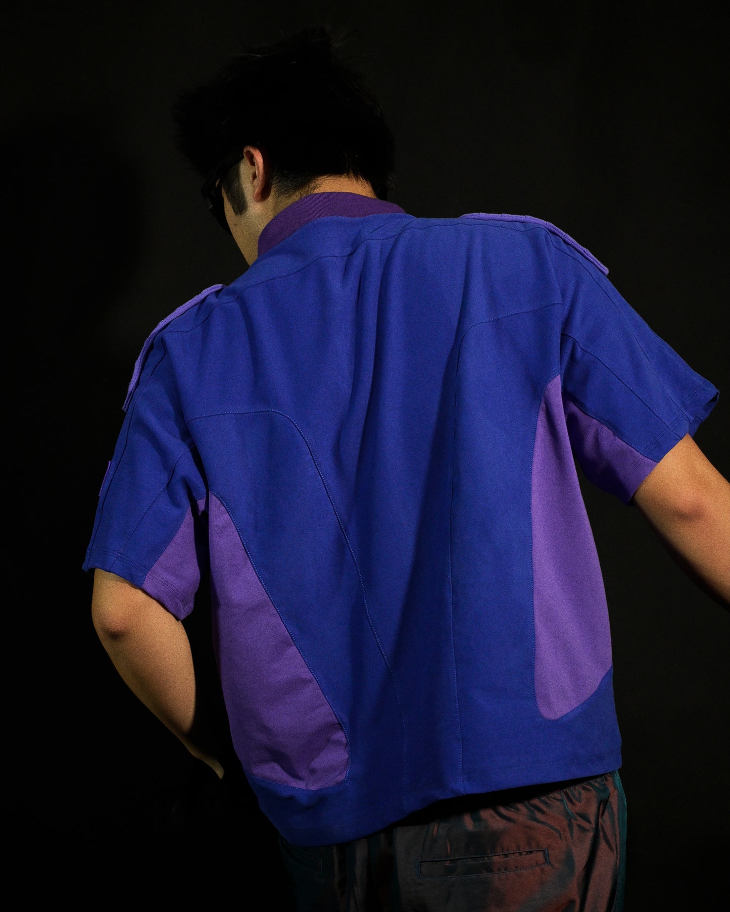 purple luxury cyberspace high end fashion tee, back model view
