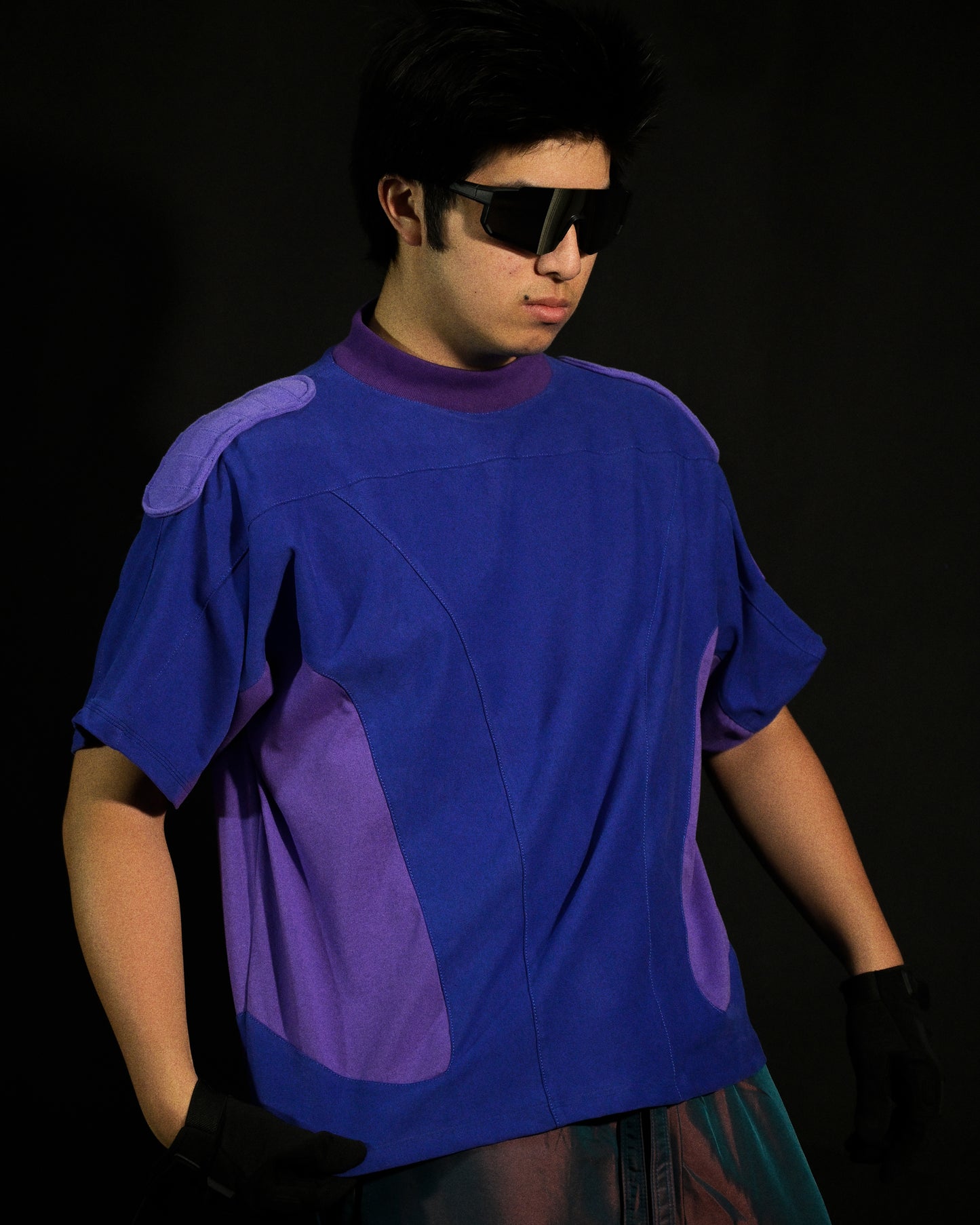 purple luxury cyberspace high end fashion tee, front model view