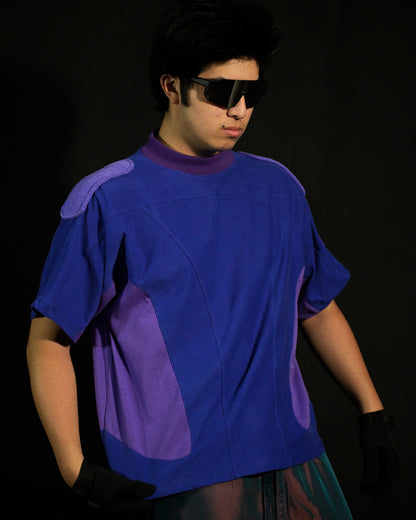 purple luxury cyberspace high end fashion tee, front model view
