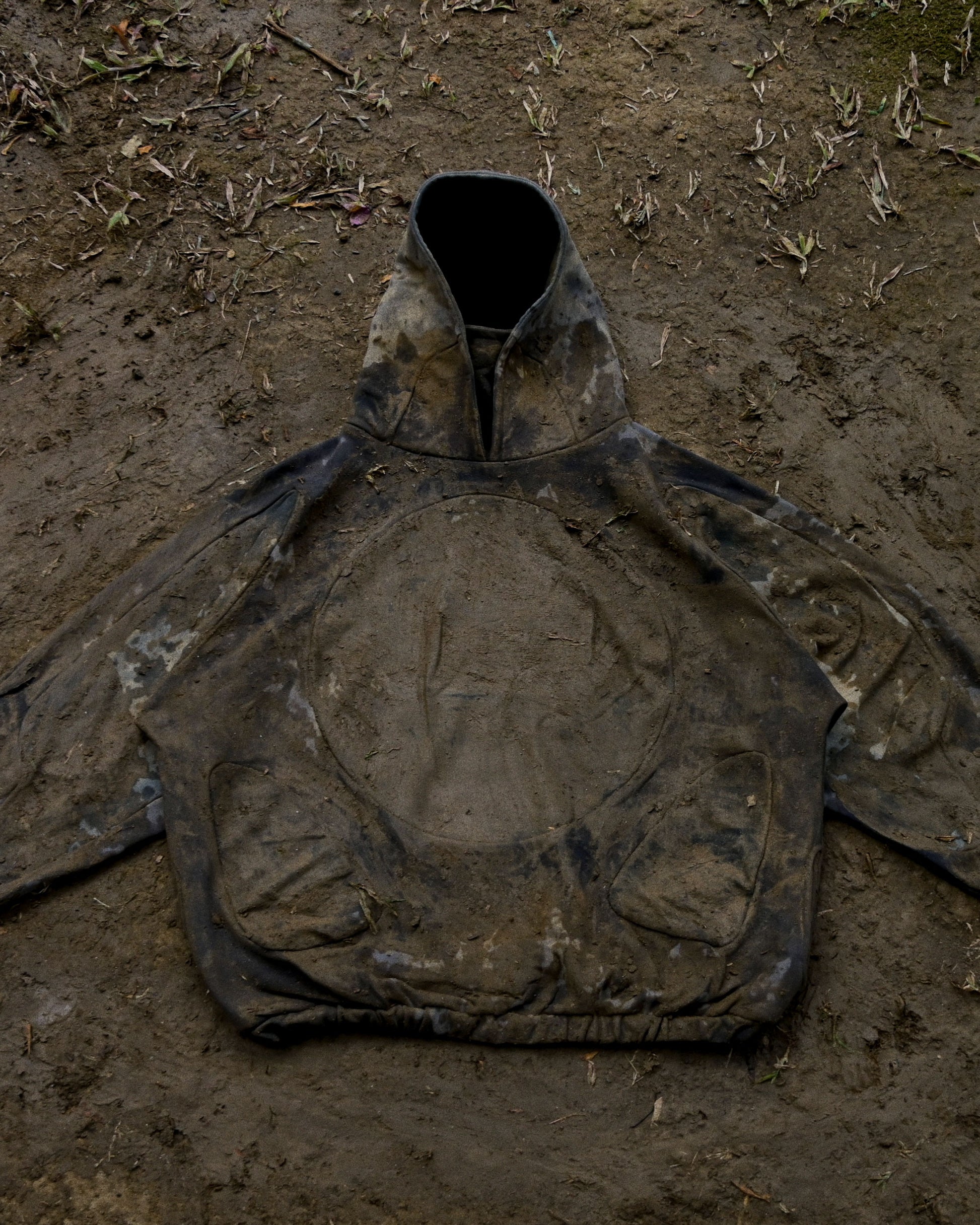 rust faded wash aged vintage distressed hoodie, dirt flat lay