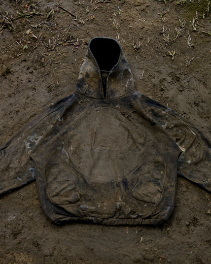rust faded wash aged vintage distressed hoodie, dirt flat lay