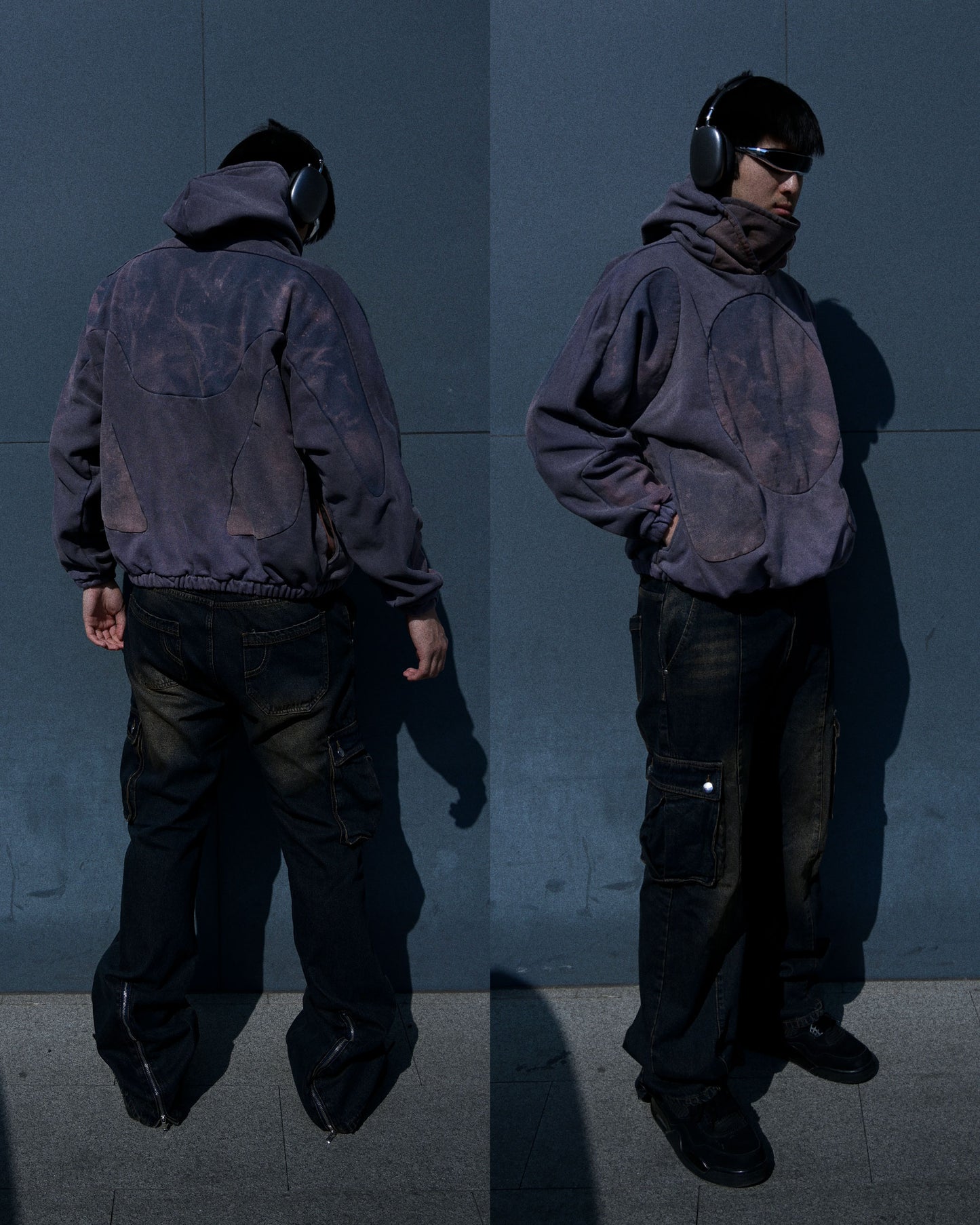 rust faded wash aged vintage distressed hoodie, two model view