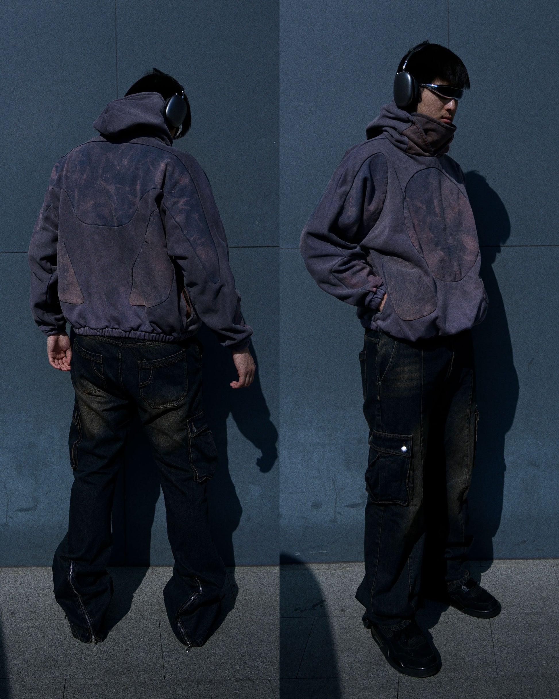 rust faded wash aged vintage distressed hoodie, two model view