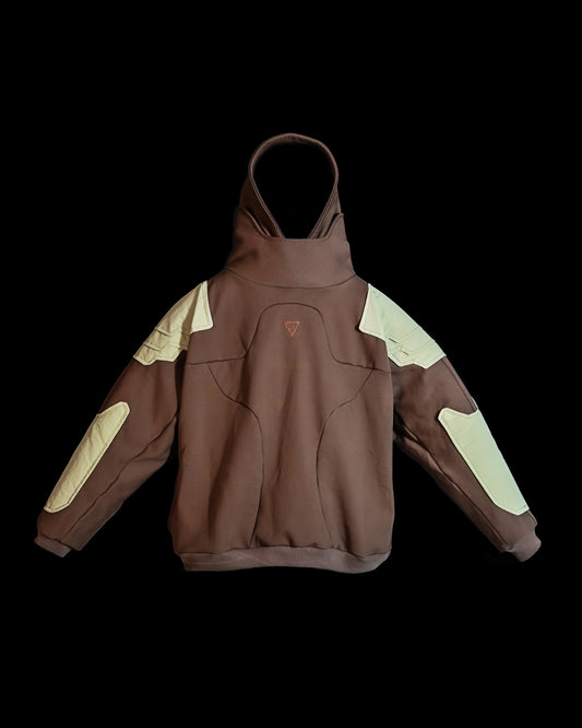 sage brown armor robotic mech hoodie, front view