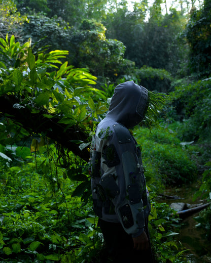 sci-fi archive fashion brutalist nature flowers hoodie, back model view