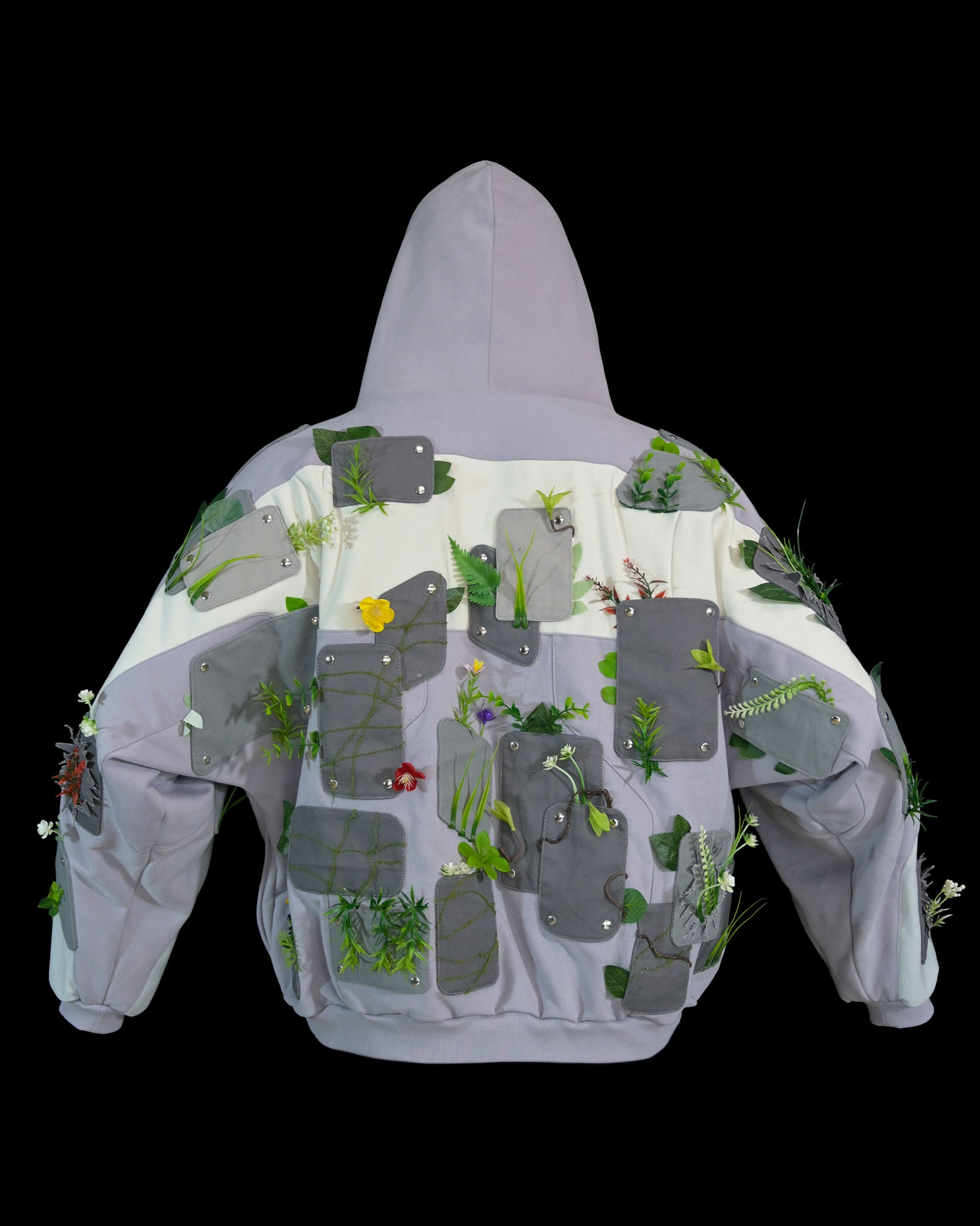 sci-fi archive fashion brutalist nature flowers hoodie, back view