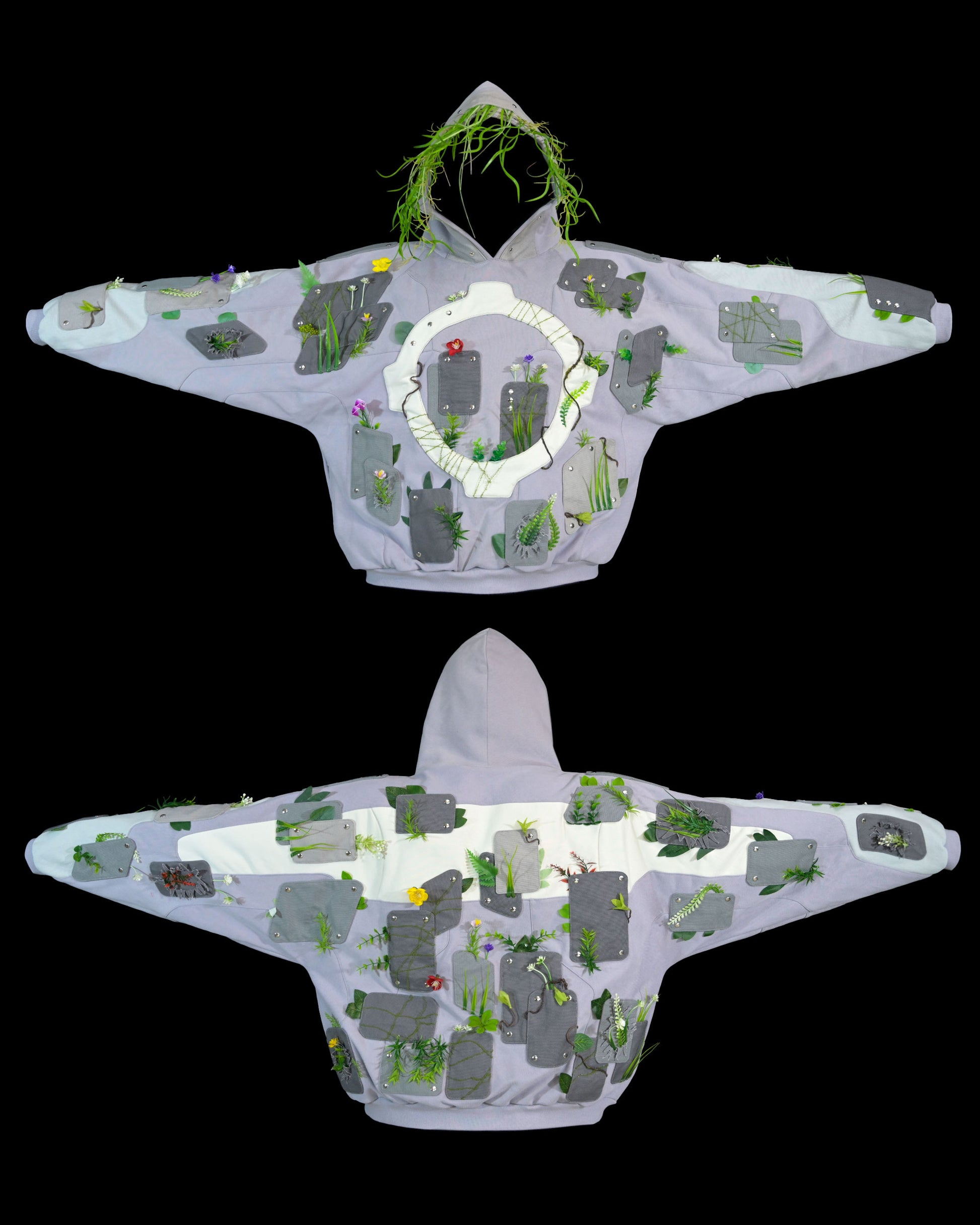 sci-fi archive fashion brutalist nature flowers hoodie, front and back view