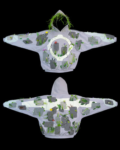 sci-fi archive fashion brutalist nature flowers hoodie, front and back view