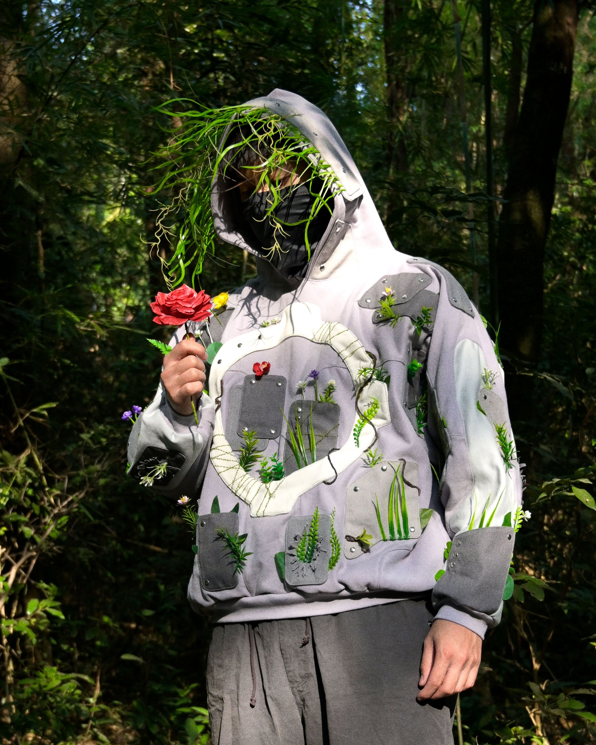 sci-fi archive fashion brutalist nature flowers hoodie, front model view