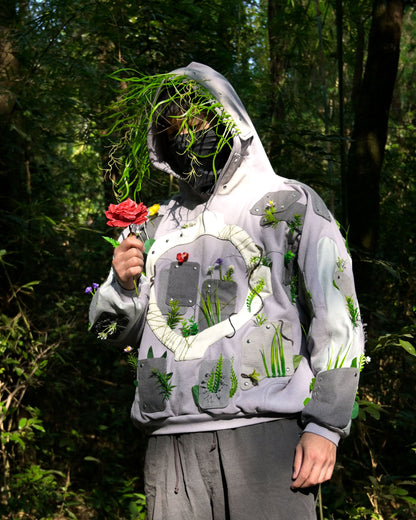 sci-fi archive fashion brutalist nature flowers hoodie, front model view
