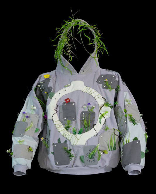 sci-fi archive fashion brutalist nature flowers hoodie, front view