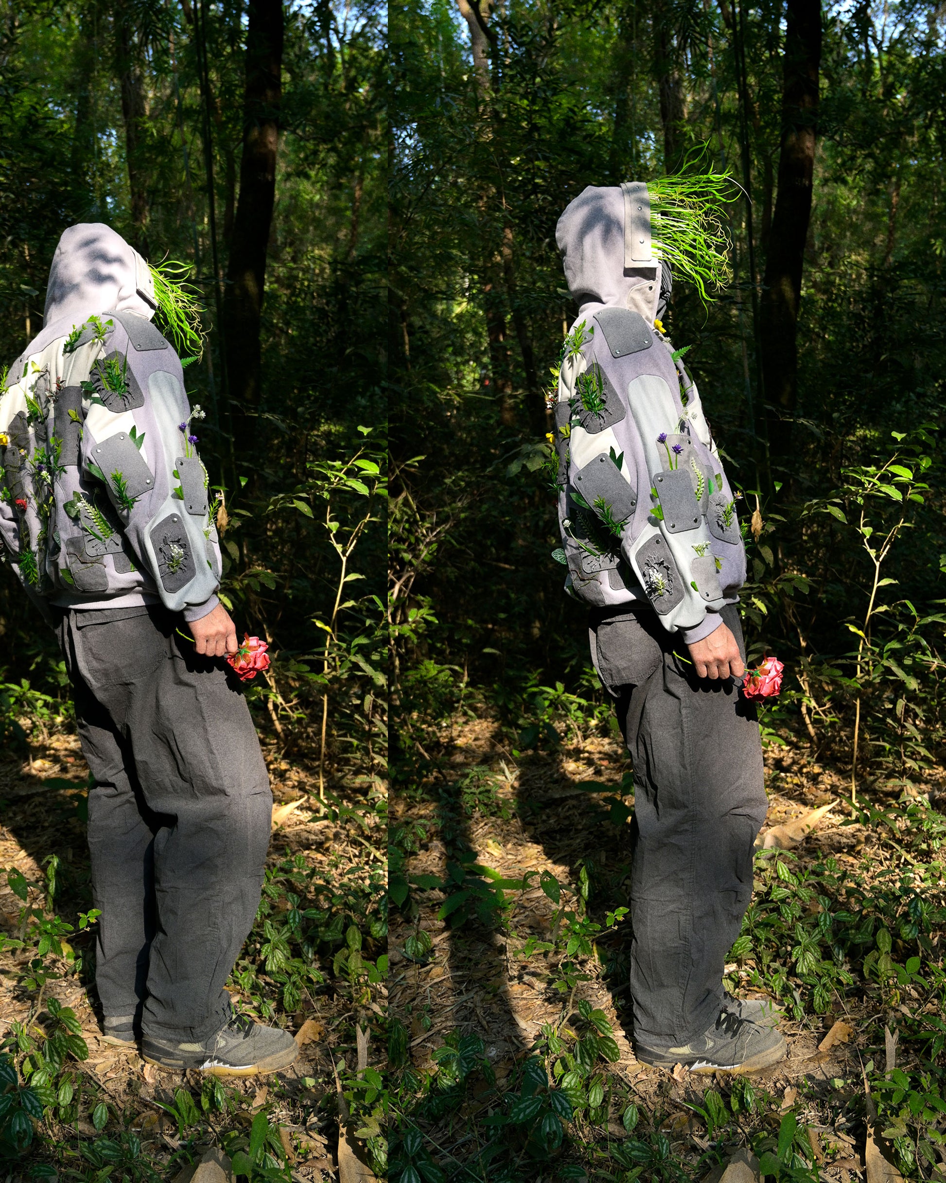 sci-fi archive fashion brutalist nature flowers hoodie, two model views