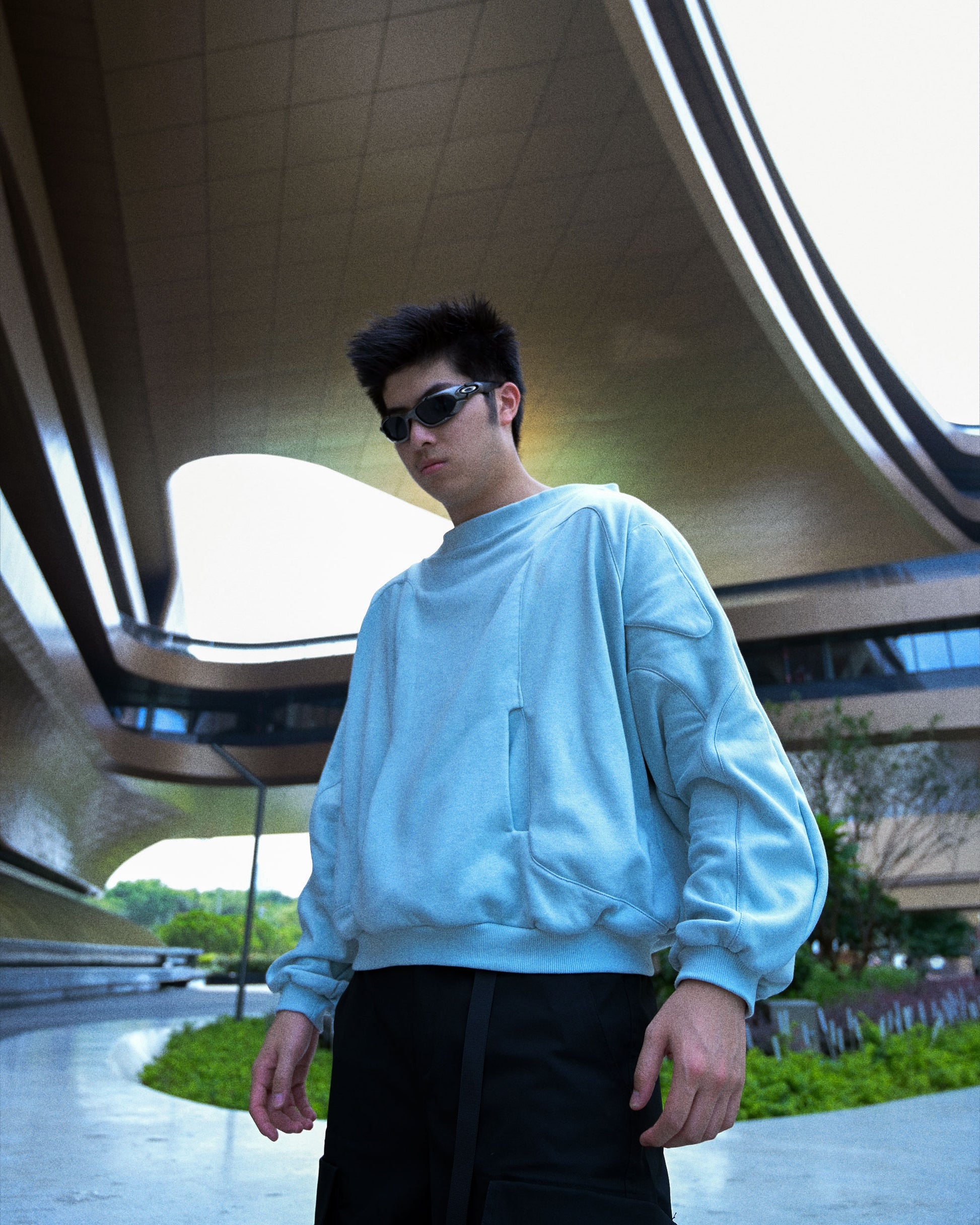 space cyber core streetwear sweater, front model view