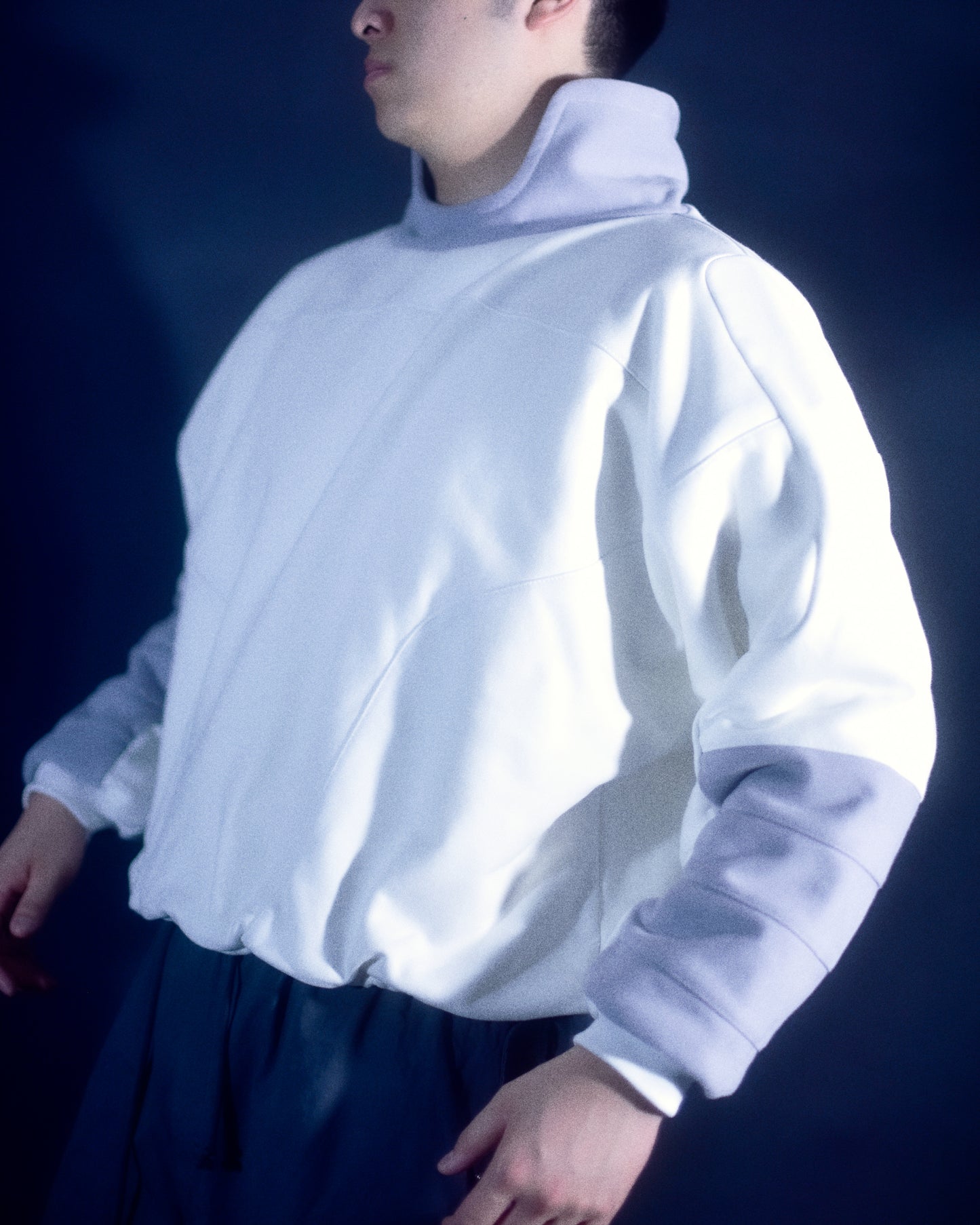 White space astronaut futuristic sweater, front model view