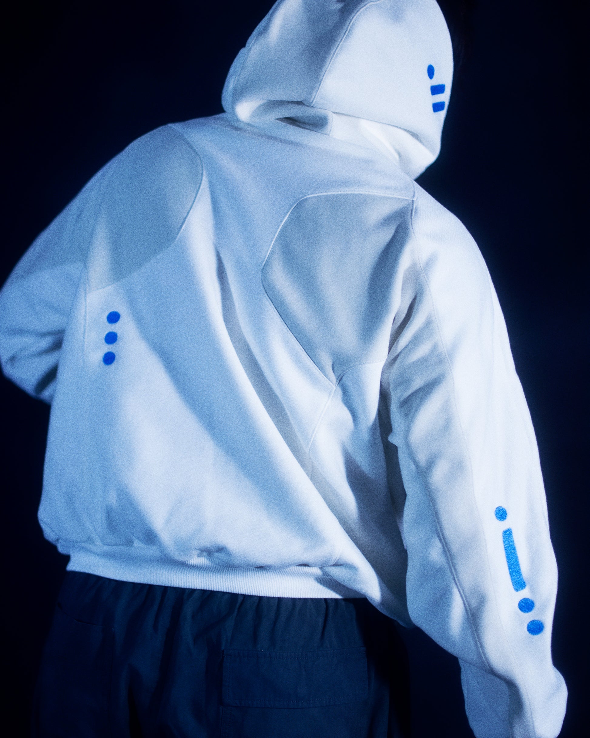 white atompunk interstellar archive fashion hoodie, back model view
