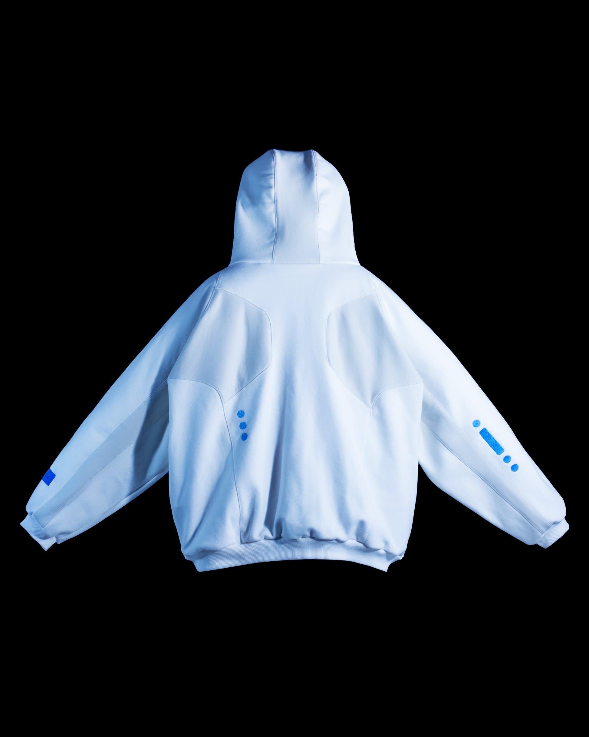 white atompunk interstellar archive fashion hoodie, back view