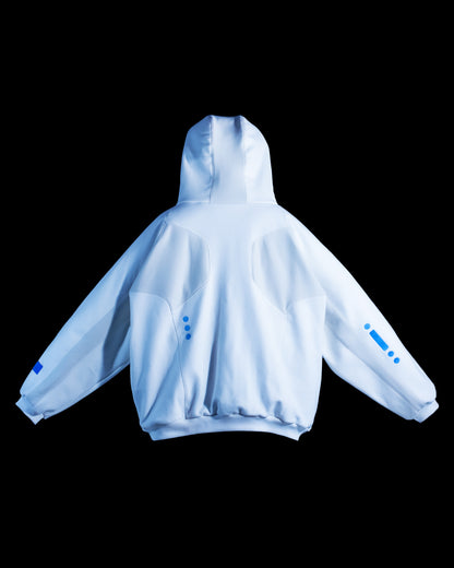 white atompunk interstellar archive fashion hoodie, back view