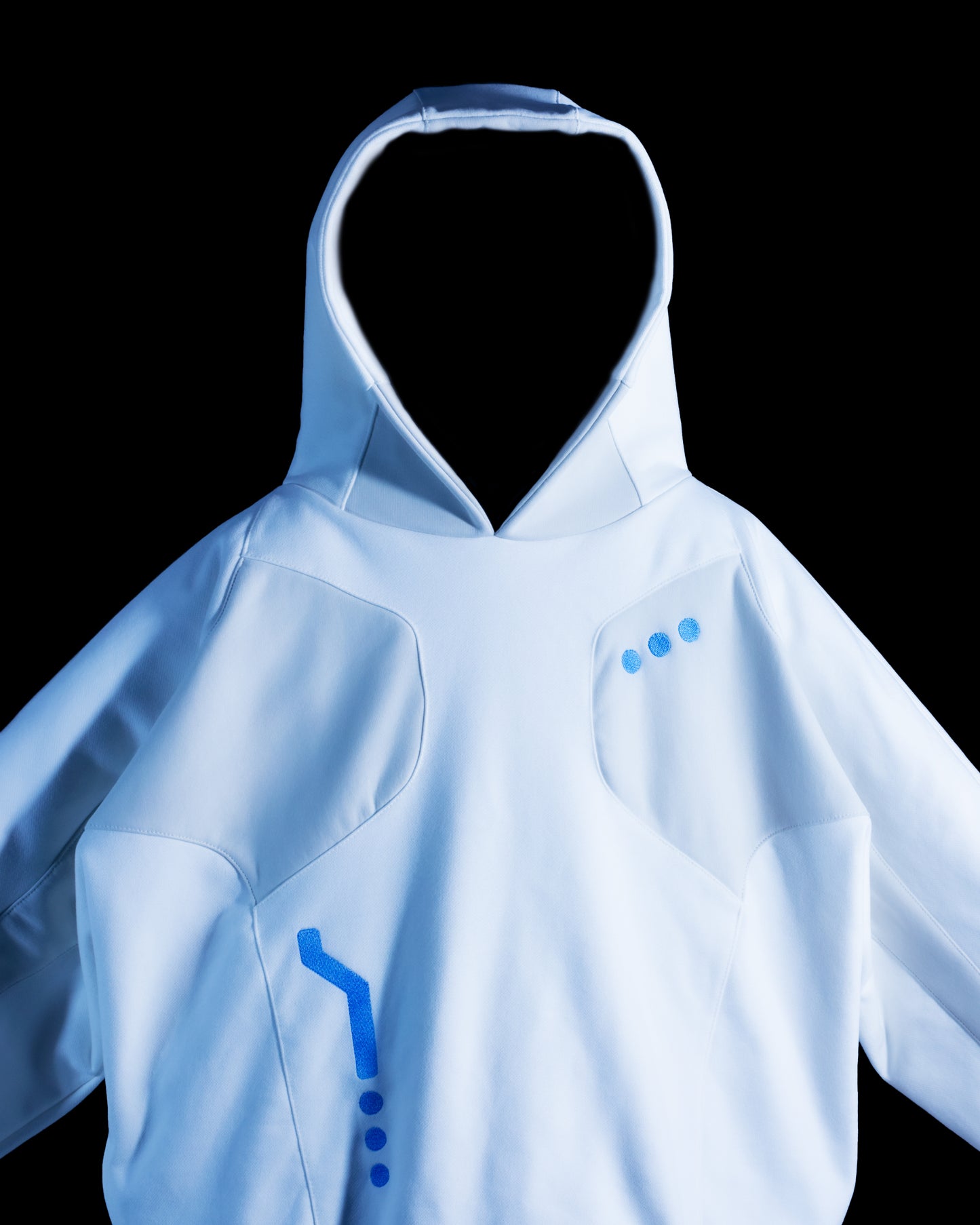 white atompunk interstellar archive fashion hoodie, front close up view