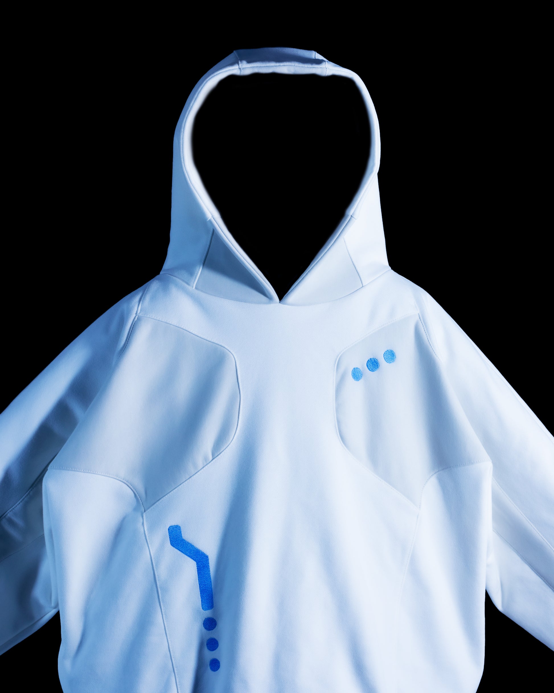 white atompunk interstellar archive fashion hoodie, front close up view