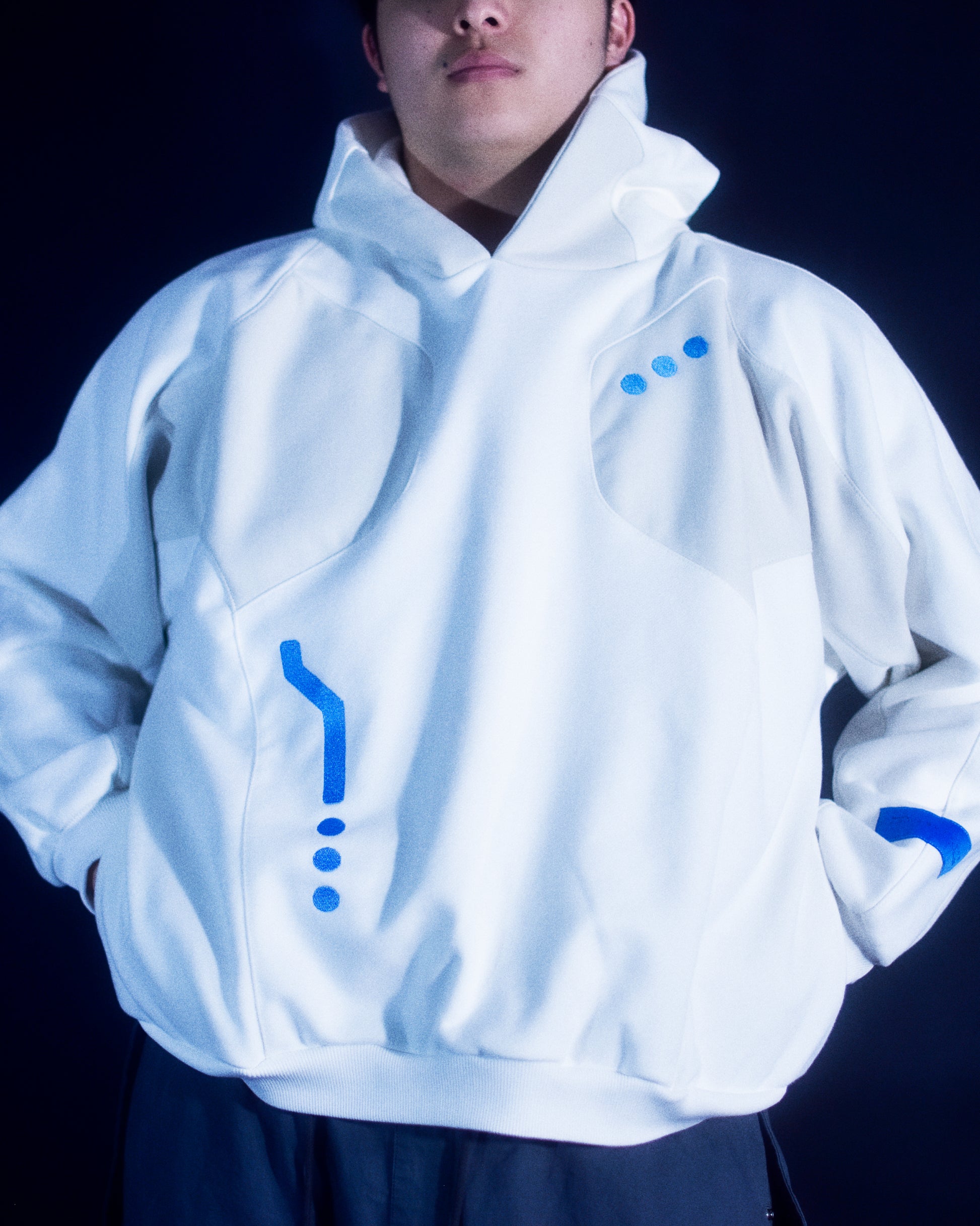 white atompunk interstellar archive fashion hoodie, front model view
