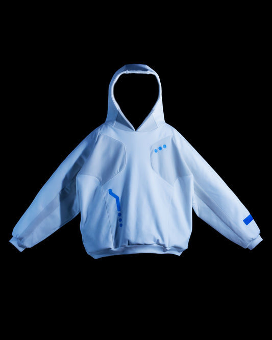 white atompunk interstellar archive fashion hoodie, front view