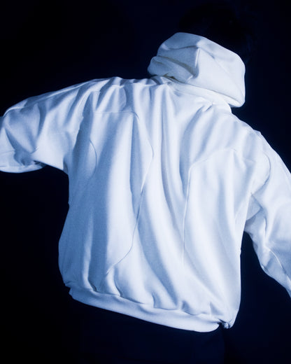 White blank sci-fi paneled hoodie, back model view