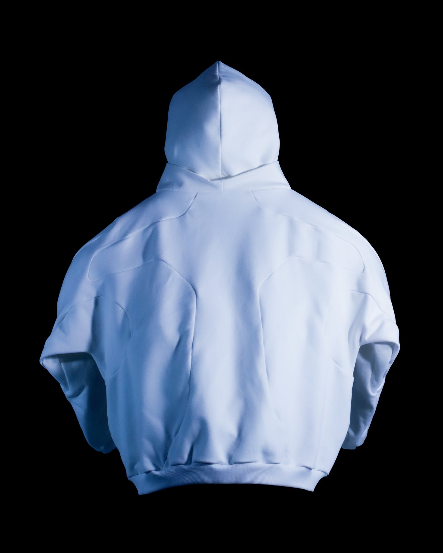 White blank sci-fi paneled hoodie, back view