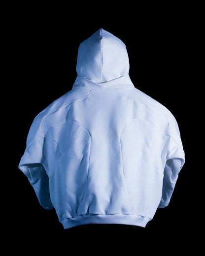 White blank sci-fi paneled hoodie, back view