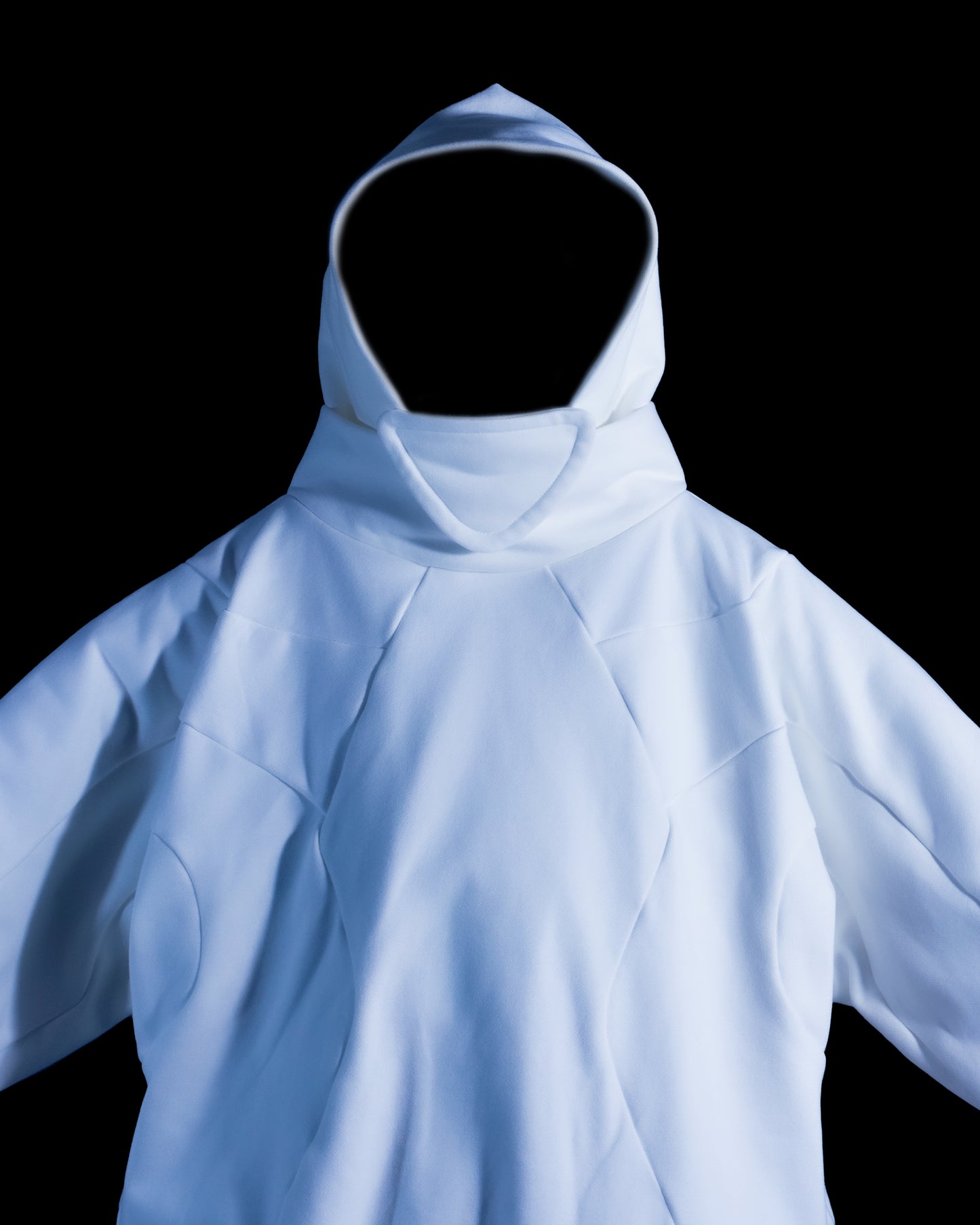 White blank sci-fi paneled hoodie, front close up view