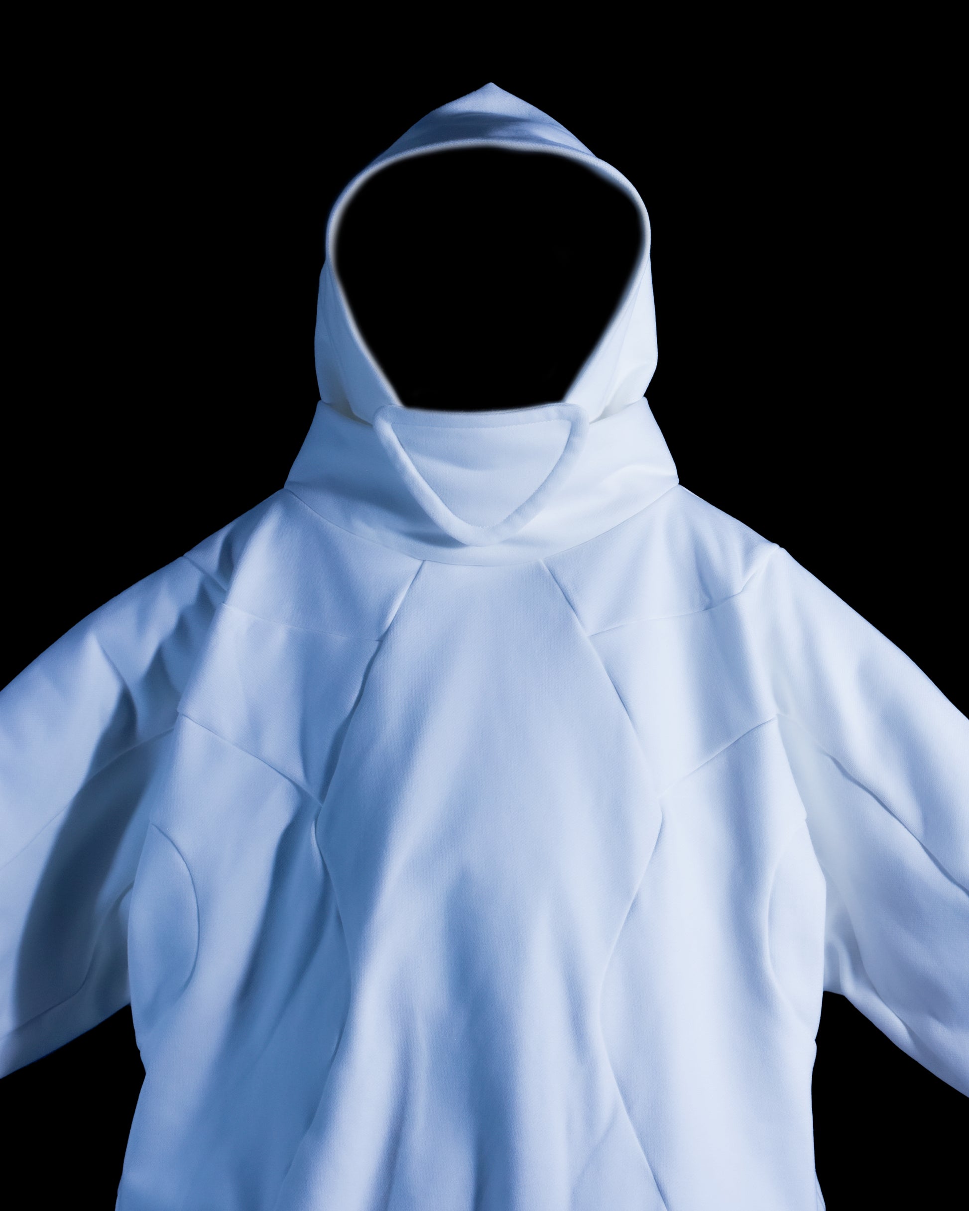 White blank sci-fi paneled hoodie, front close up view