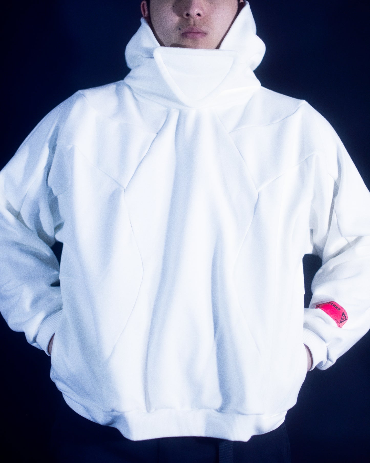 White blank sci-fi paneled hoodie, front model view