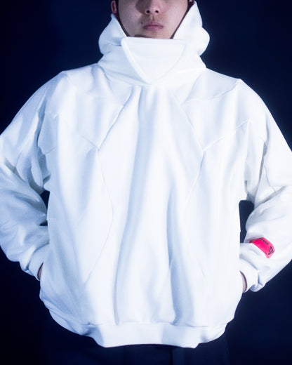White blank sci-fi paneled hoodie, front model view