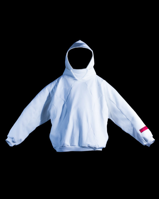 White blank sci-fi paneled hoodie, front view