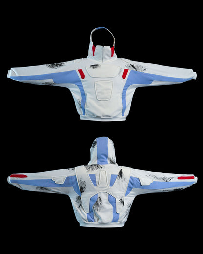 white futuristic cyber core ski jacket, front and back view