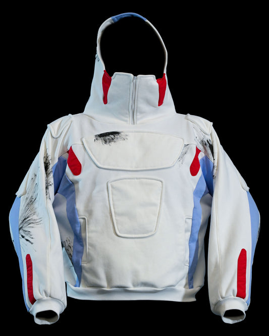 white futuristic cyber core ski jacket, front view