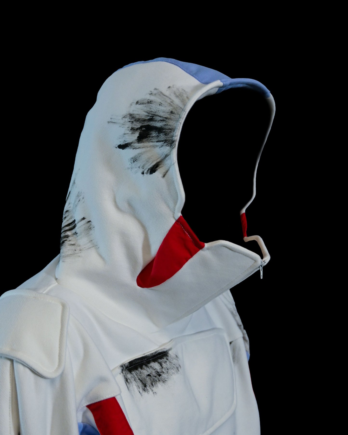white futuristic cyber core ski jacket, hood view