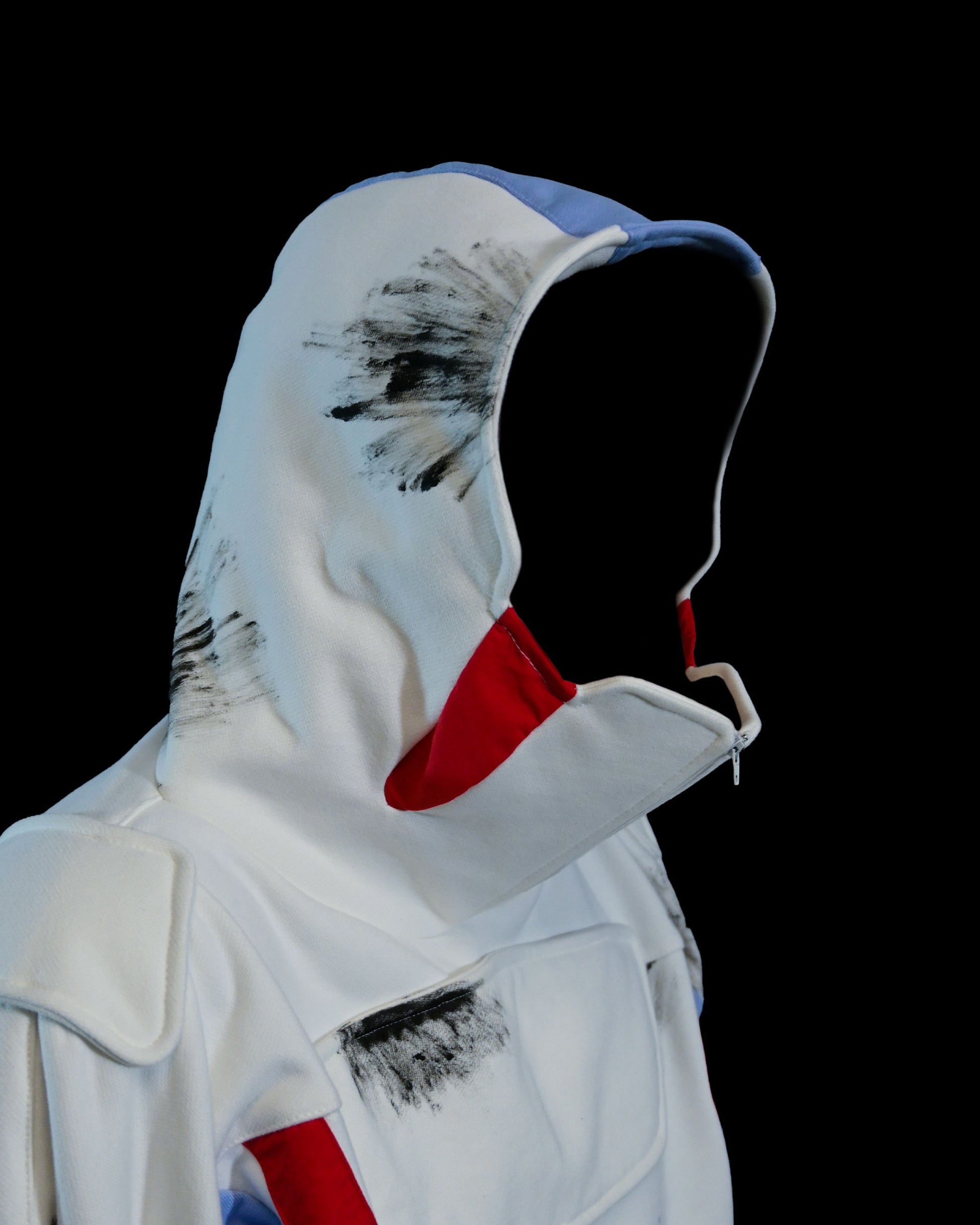 white futuristic cyber core ski jacket, hood view