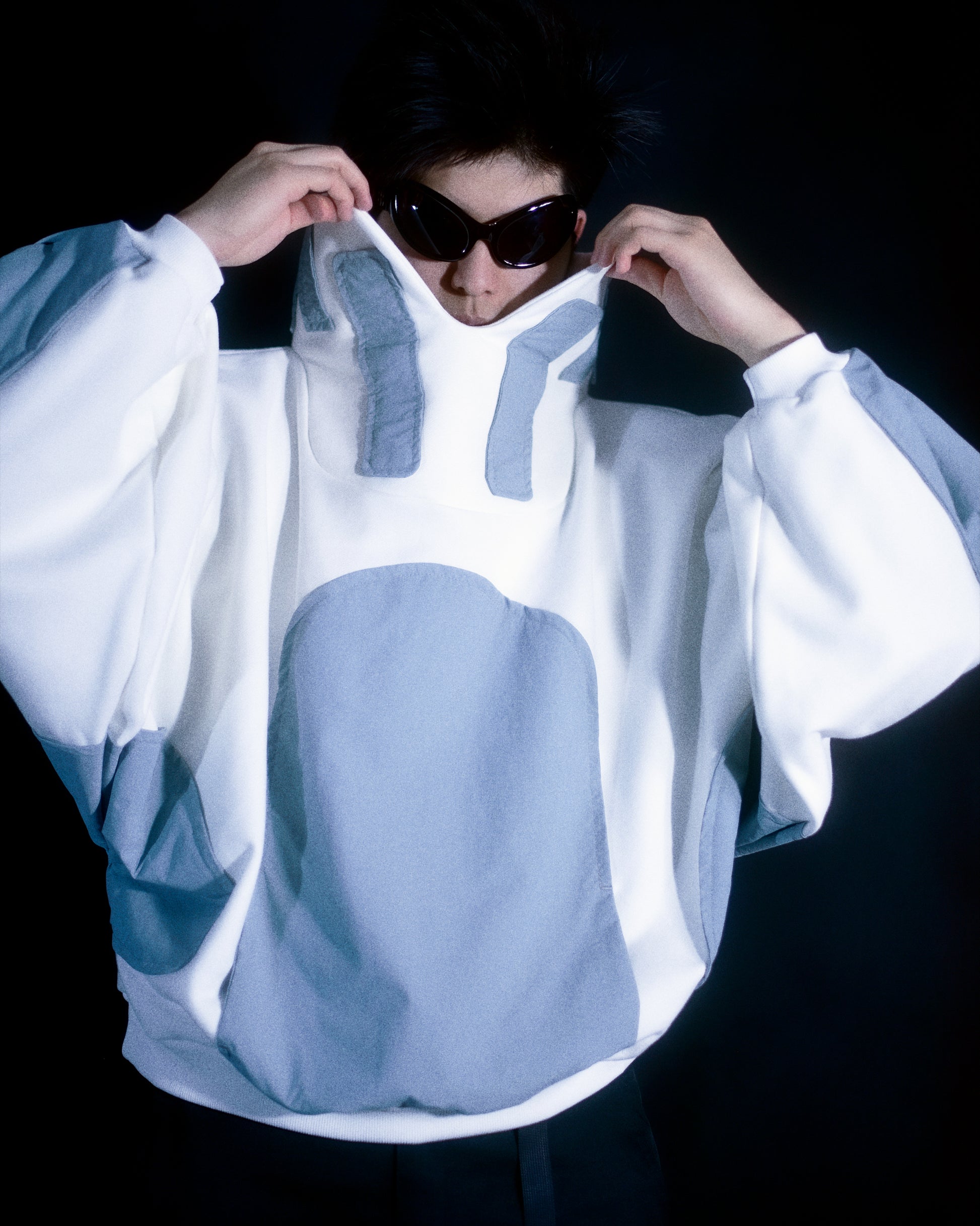 white lightspeed archive fashion sweater, front model view