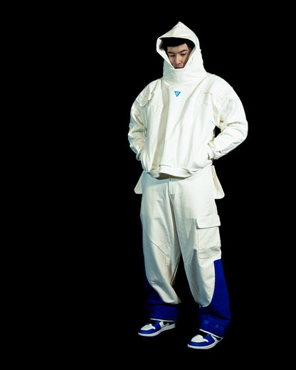 white lunar space streetwear ski pants, front model view