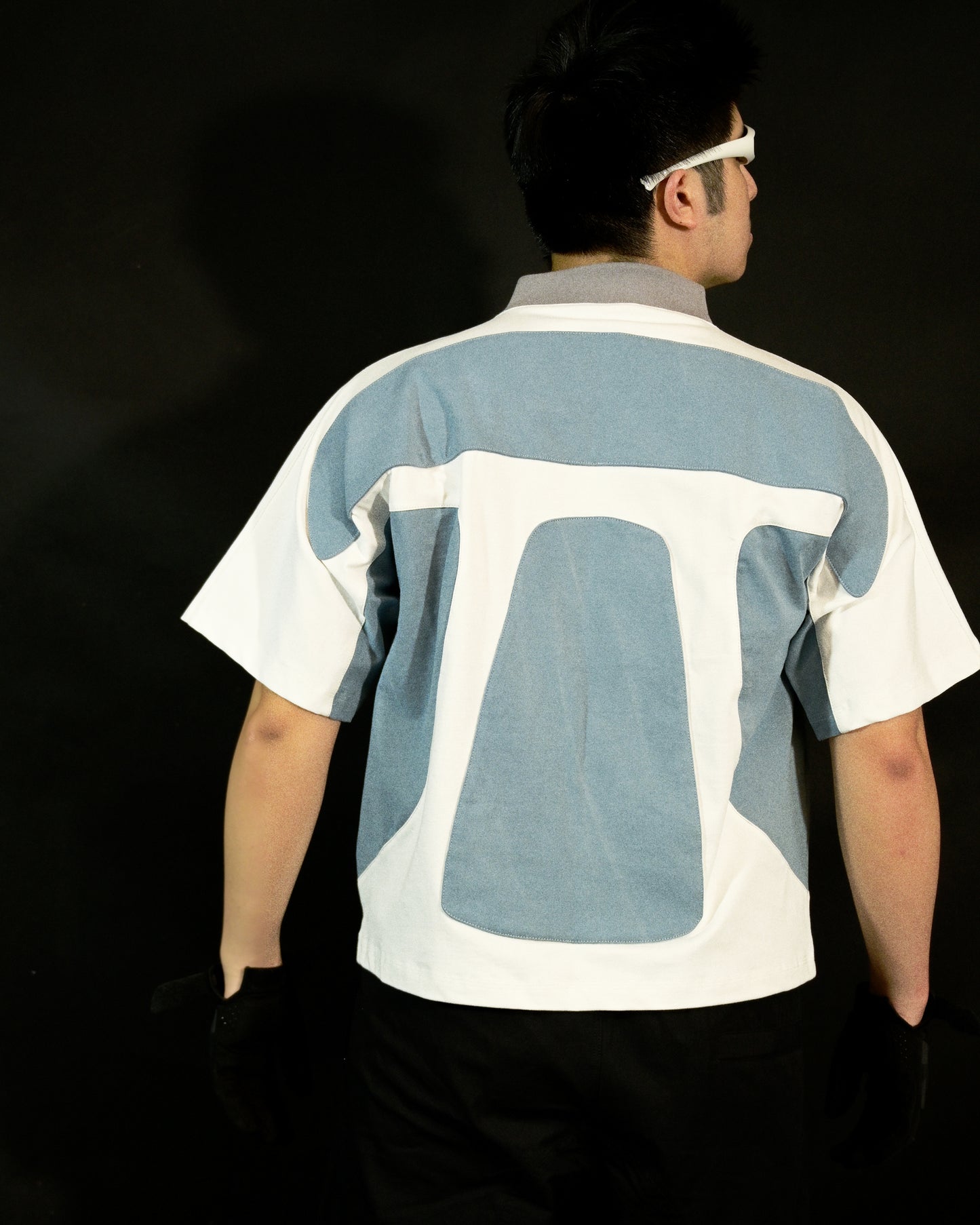 white quantum cyberpunk space tee, back model view