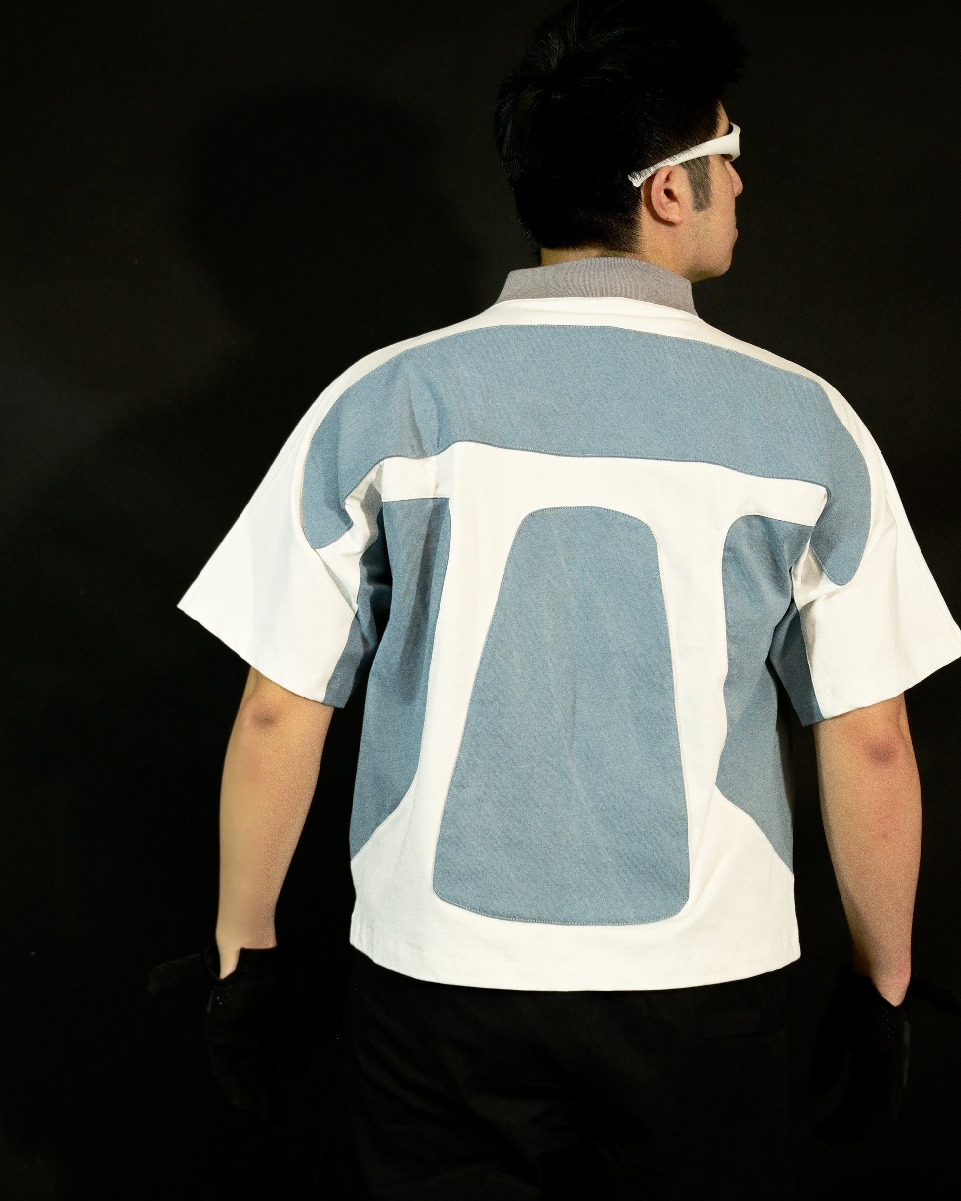 white quantum cyberpunk space tee, back model view